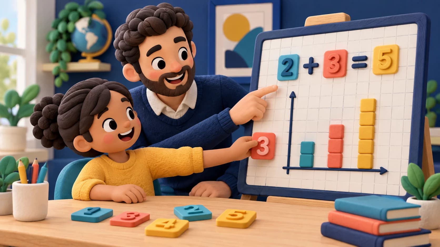 Tutor and younger student exploring math concepts with colorful tactile tiles