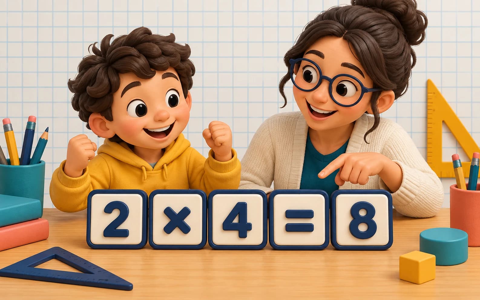 Elementary student celebrating a multiplication breakthrough with 3D number blocks