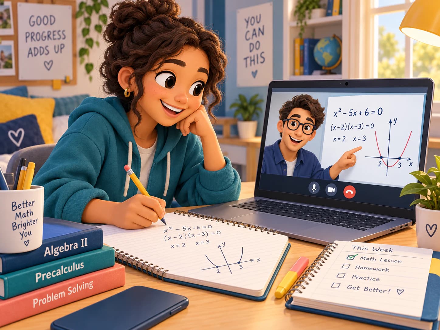 High school student working through a quadratic equation in a live online tutoring lesson