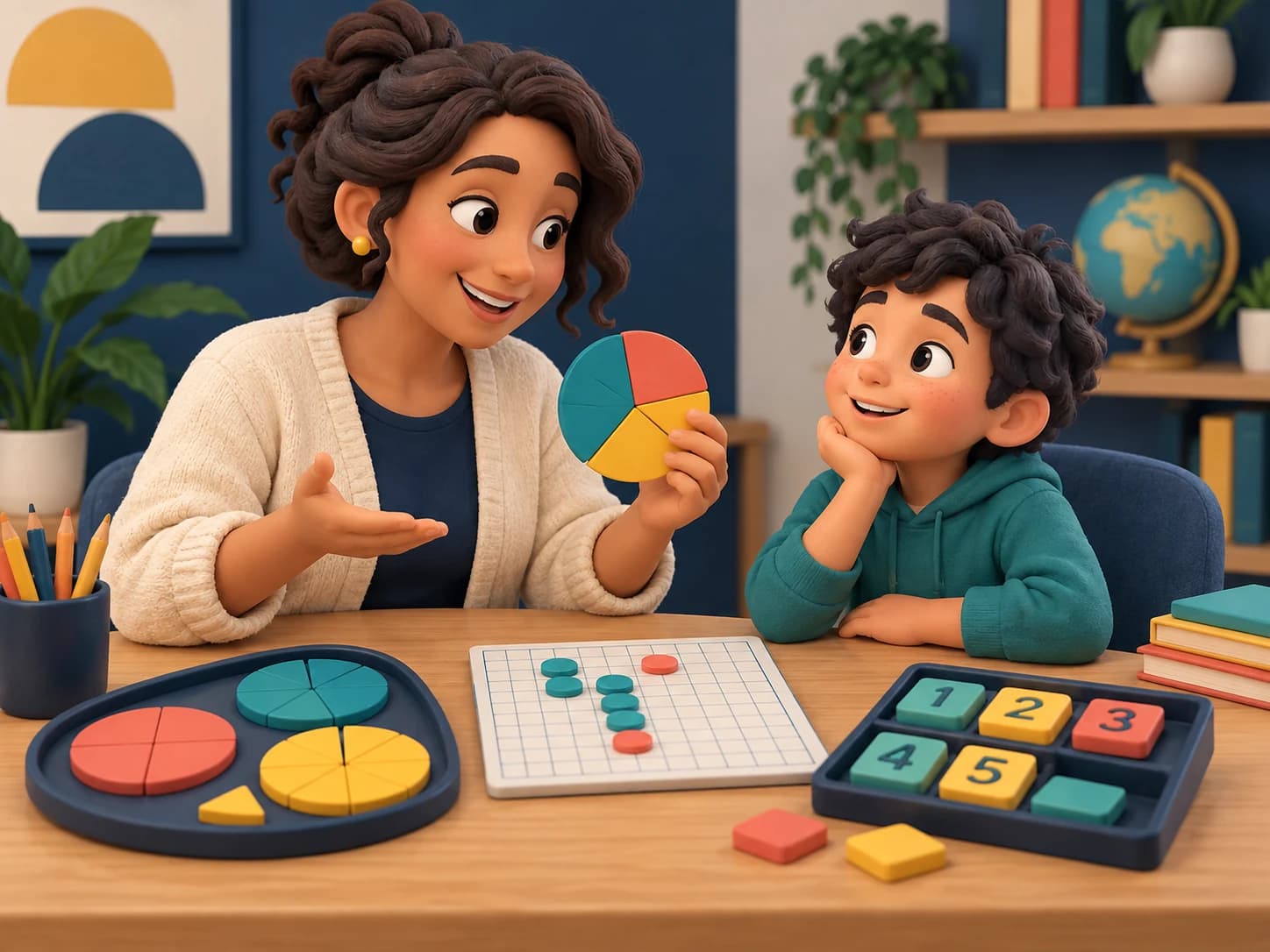 Tutor and younger student exploring fractions with tactile math pieces