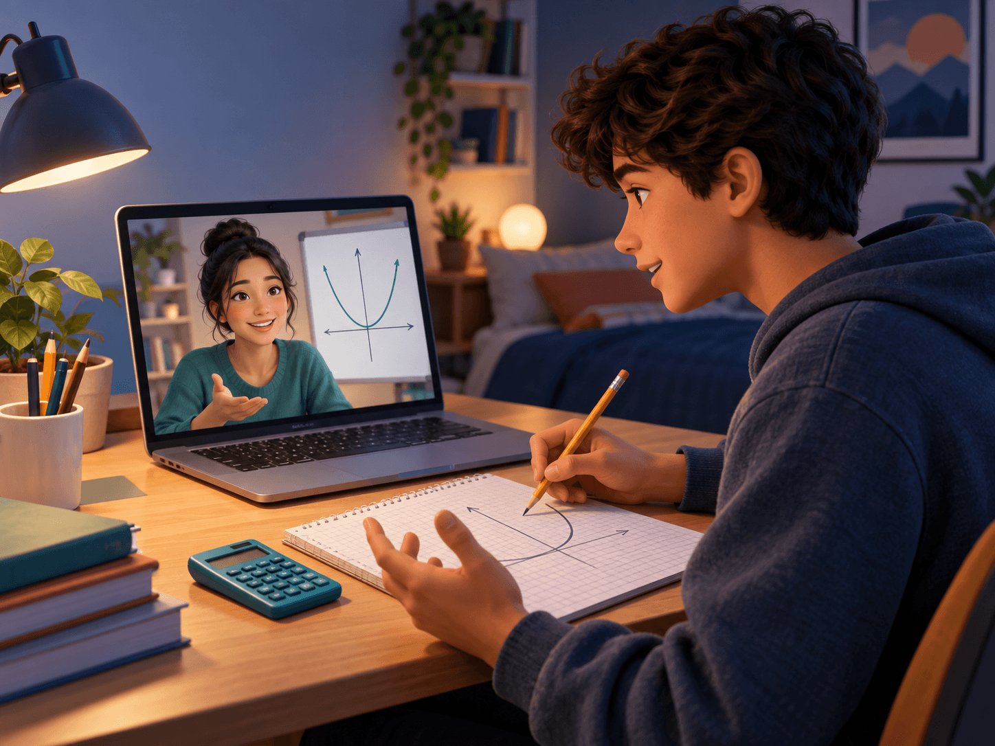 Older teen working through a quadratic graph in a live one-on-one online lesson