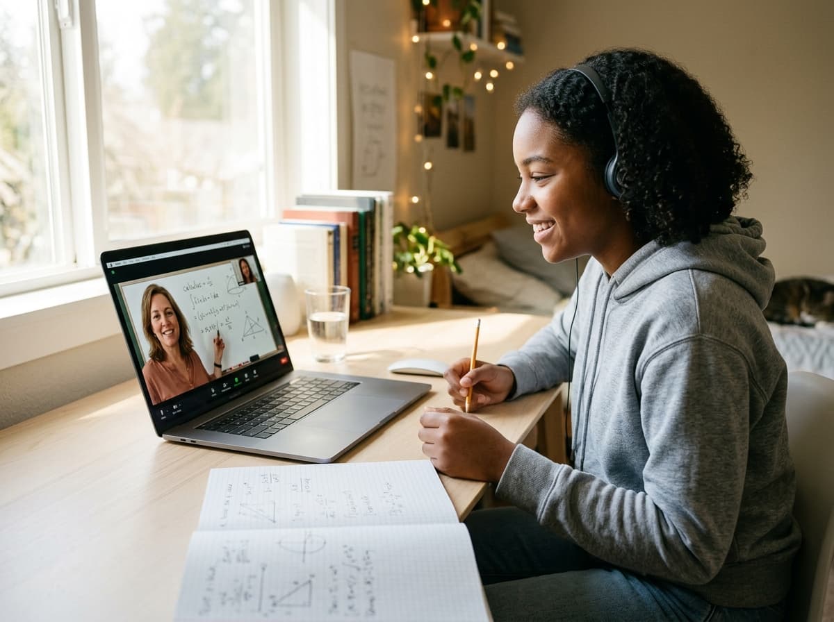Teen student checking graph work with an online math tutor